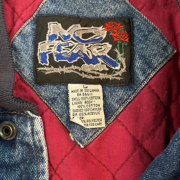 No Fear Varsity Bomber Jacket Denim Men’s Large Vintage Snap 90s Y2K Burgundy - Picture 3 of 3